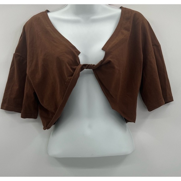 Ladies Brown Casual Tie-Up Crop Top – Size M | Short Sleeve, Stretch, NWOT - Picture 3 of 6